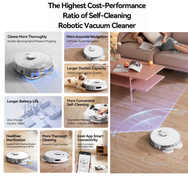 Self-Cleaning Robotic Vacuum Cleaner Sweeps Mops all in one Wash Free Robot