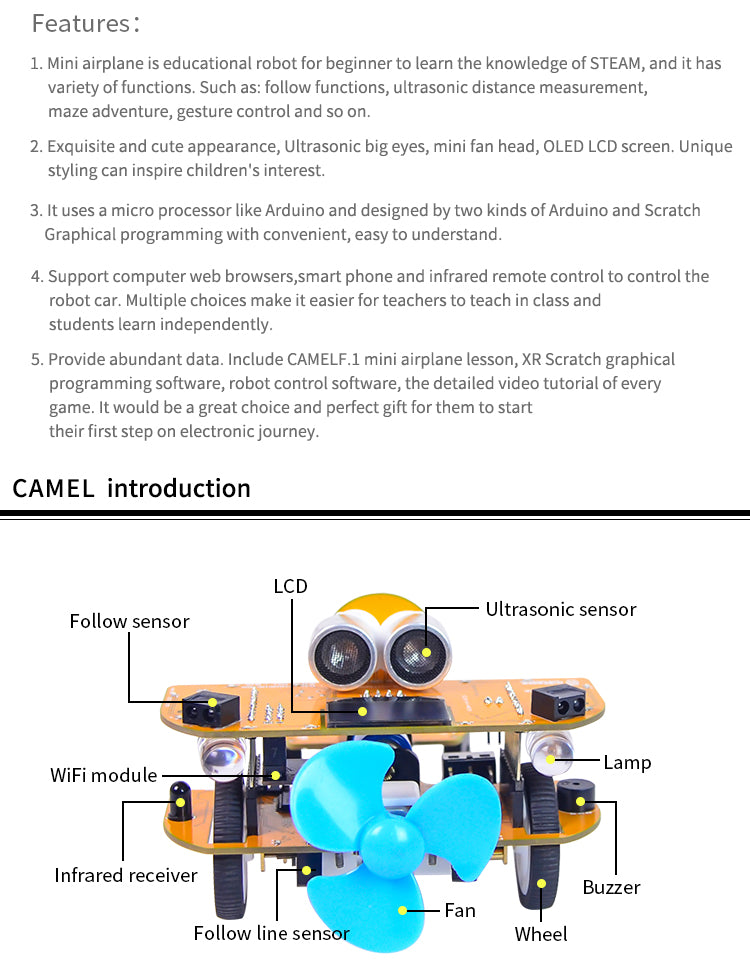 CAMEL F.1 Mixly, Scratch Programmable WiFi Robot Arduino STEAM Education for Kids Students