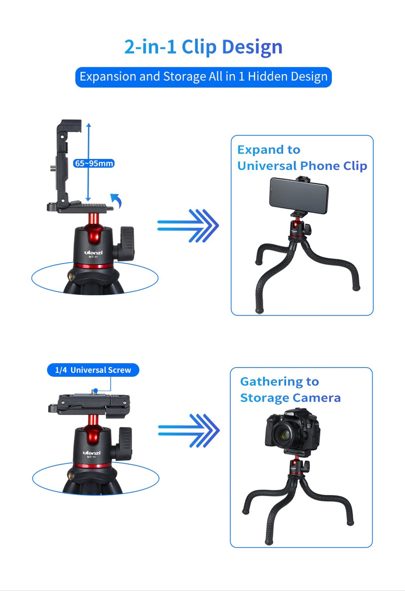 Ulanzi MT-11Flexible Octopus Tripod Smartphone DSLR SLR Vlog Tripod Travel Portable 2 in 1 Tripod Extend 1/4 Screw for Magic Arm