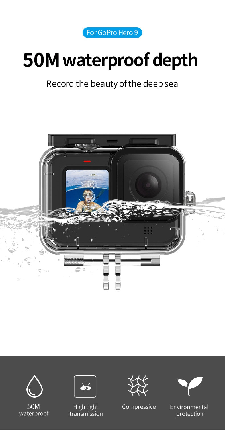 TELESIN 50M Waterproof Case Underwater Tempered Glass Lens Diving Housing Cover for GoPro Hero 9 Black Camera Accessories