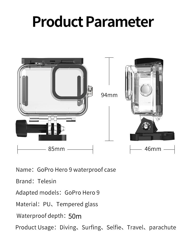 TELESIN 50M Waterproof Case Underwater Tempered Glass Lens Diving Housing Cover for GoPro Hero 9 Black Camera Accessories