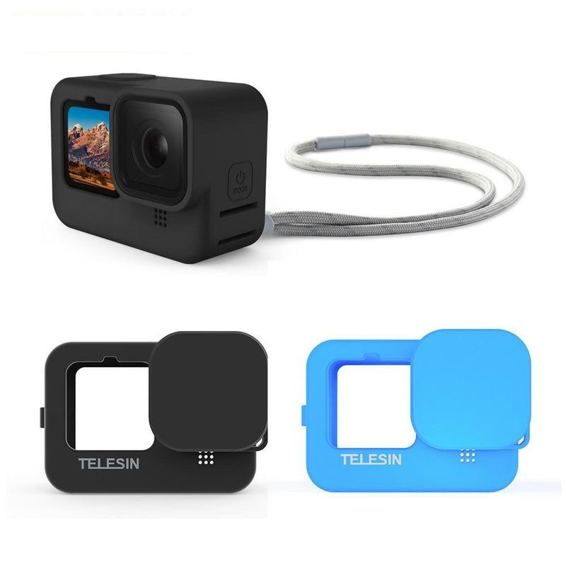 TELESIN Soft Silicone Case For GoPro 9 Lens Cap Blue Black Adjustable Handle Wrist Strap For GoPro Hero 9 Black Accessories