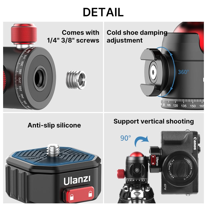 Ulanzi U-100 Quick Release Ballhead Tripod Heads DSLR Gimbal Slider Tripod Quick Switch Ballhead Extend Cold Shoe for LED Light