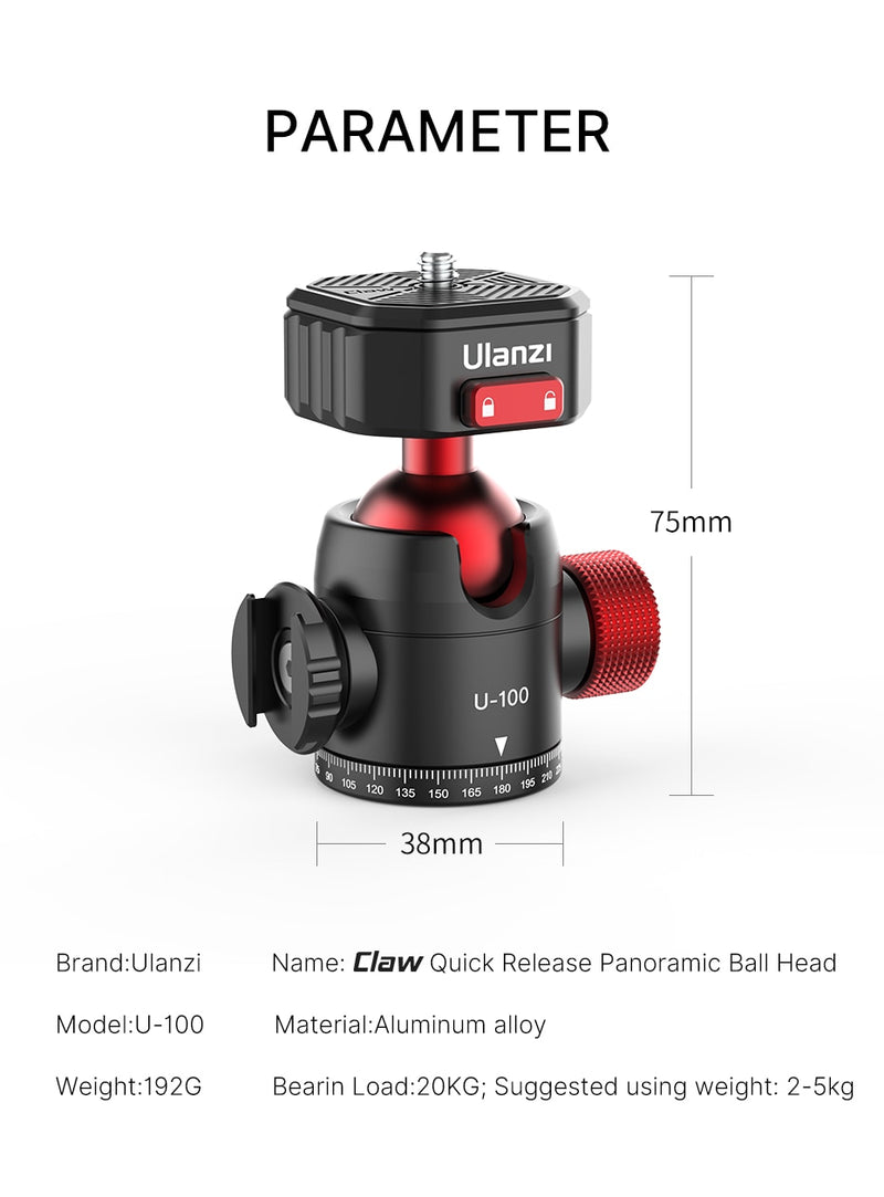 Ulanzi U-100 Quick Release Ballhead Tripod Heads DSLR Gimbal Slider Tripod Quick Switch Ballhead Extend Cold Shoe for LED Light