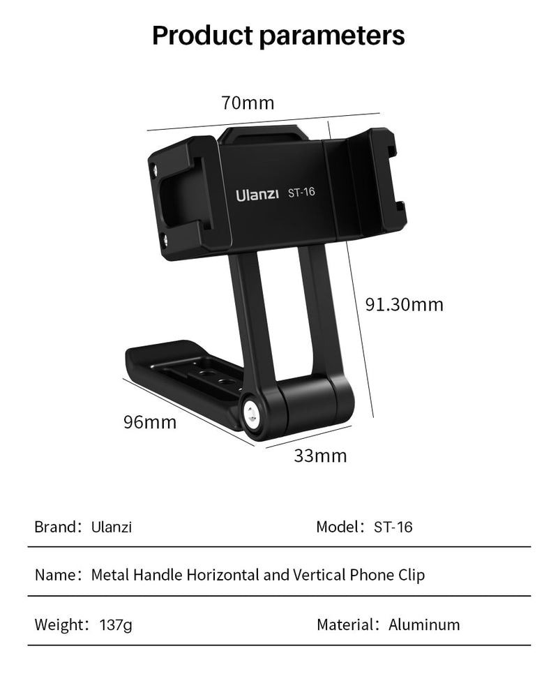 Ulanzi ST-16 Vertical Shooting Phone Mount Holder Metal Vlog Handgrip with Cold Shoe for LED Light Microphone