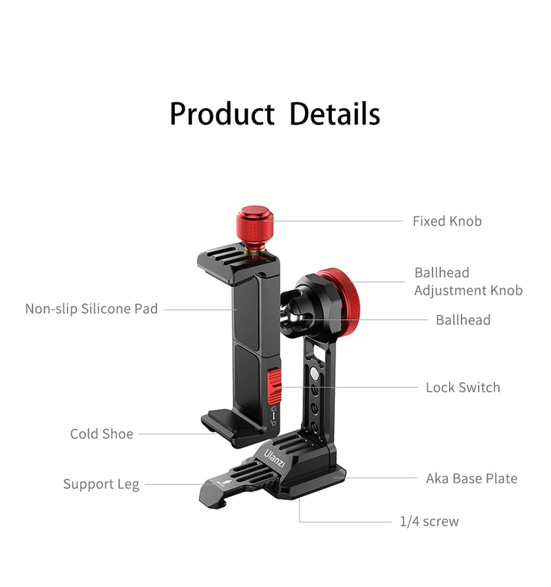 Ulanzi ST-14 Iron Man III Vertical Shooting Metal Smartphone Mount Holder Cold Shoe Tripod Mount for LED Light Mic Vlog Mount