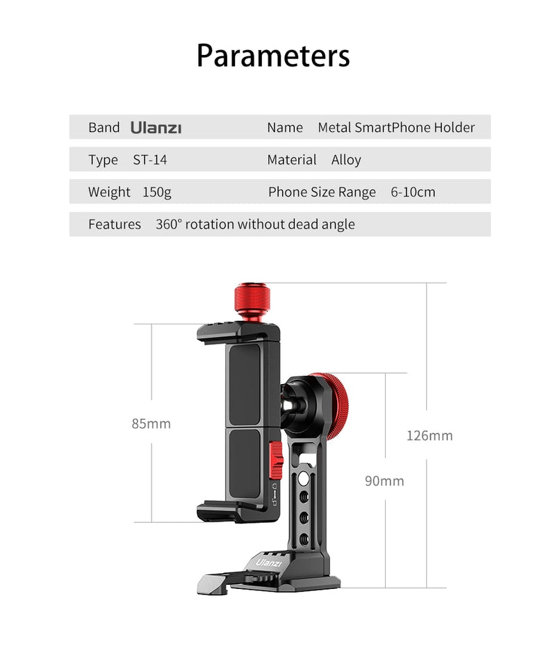 Ulanzi ST-14 Iron Man III Vertical Shooting Metal Smartphone Mount Holder Cold Shoe Tripod Mount for LED Light Mic Vlog Mount