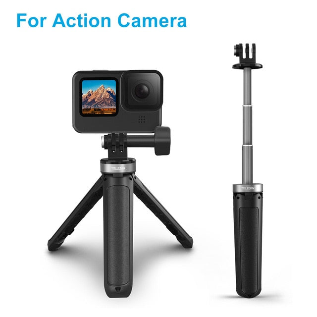 TELESIN Mini Selfie Stick Portable Aluminium Alloy Plastic Adjustable for GoPro 9 Osmo Action Insta360 For iPhone Android Camera